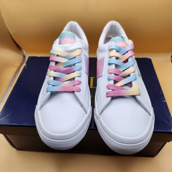 Polo Ralph Lauren Shoes Youth Size 5 White Rainbow Sayer Pastel Laces‎ RF103535 - Picture 2 of 7